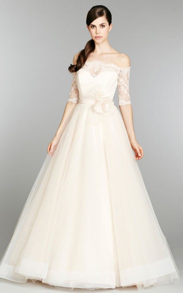 Classic Off the Shoulder Tulle Ball Gown With 3-4 Lace Sleeve