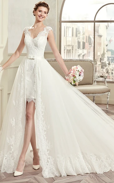 V-Neck Cap-Sleeve Short Lace Wedding Dress With Detachable Overlayer And Open Back