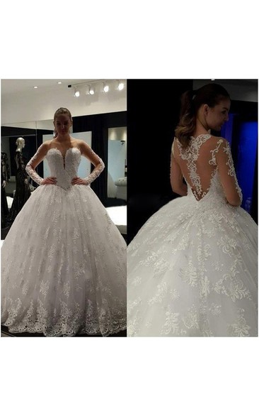 Illusion Neckline Sweetheart Lace Ball Gown With Illusion Back and Long Sleeves