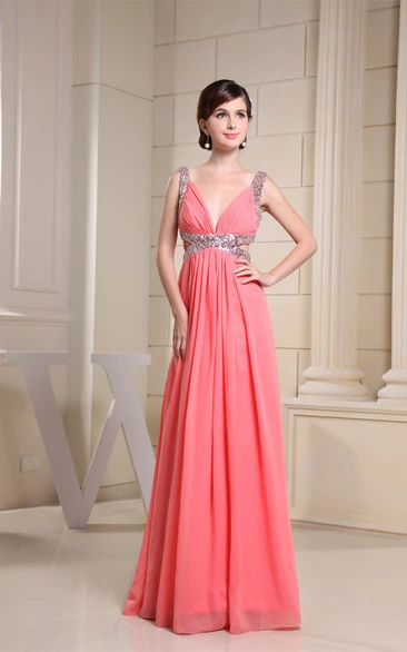 Deeply V-Neck Sleeveless Ruched A-Line Floor Length Gown With Side Keyhole and Crystal Detailing