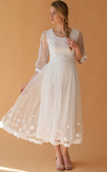 Vintage A Line Tulle Tea-length 3/4 Length Sleeve Zipper Wedding Dress with Appliques