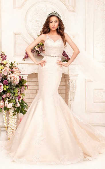 Mermaid Floor-Length Scoop Sleeveless Illusion Satin Dress With Appliques And Waist Jewellery