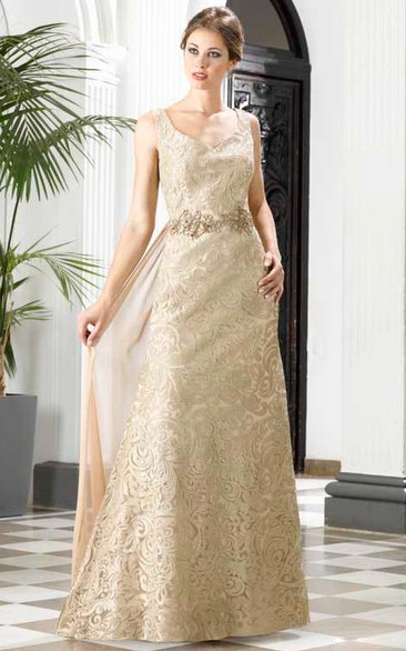 A-Line Floor-Length V-Neck Sleeveless Lace Waist Jewellery Detachable Train Low-V Back Dress