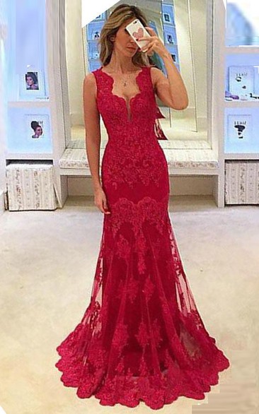 Sleeveless Appliques Lace Long Mermaid Dress