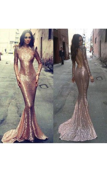 Mermaid Trumpet Sequins High Neck Long Sleeve Open Back Backless Dress