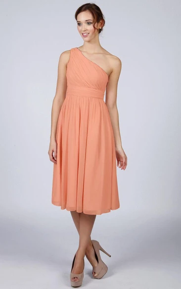 One Shoulder A-line Pleated Chiffon Knee Length Dress Orange