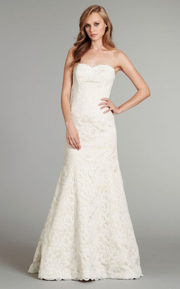 Classic Strapless Floor Length Lace Gown With Scalloping on the Hem