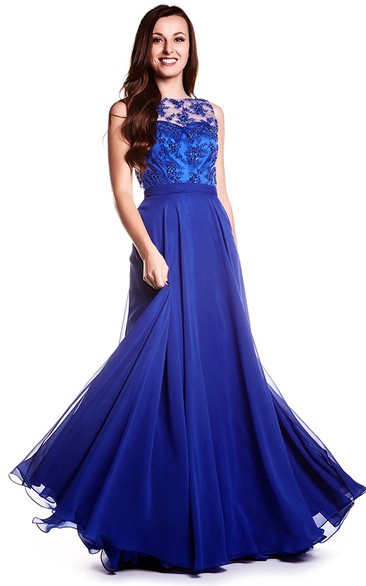 Sheath Sleeveless Jewel Neck Appliqued Chiffon Prom Dress