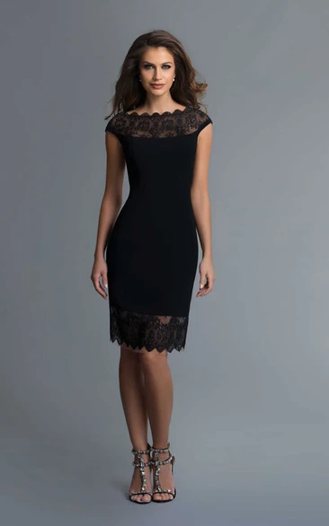 Pencil Knee-Length Bateau Cap-Sleeve Jersey Illusion Dress With Lace