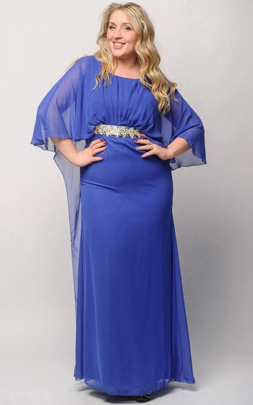 Sheath Floor-Length Jewel Long Sleeve Empire Chiffon Pleats Beading Zipper Dress