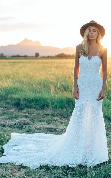 A Line Bohemian Low V Back Full Lace Beach Garden Bridal Gowns