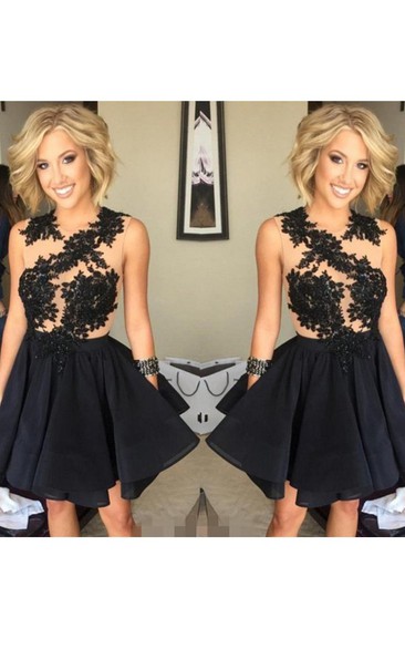 A-line Sleeveless Chiffon Lace Jewel Short Mini Homecoming Dress