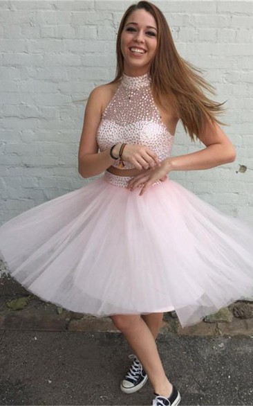 Lovely Halter Beadings Short Tulle Cocktail Dress Two Piece