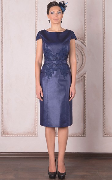 Knee-Length Pencil Cap Sleeve Appliqued Bateau Neck Satin Mother Of The Bride Dress