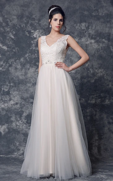 Sleeveless V-neck A-line Tulle Gown With Beaded Belt