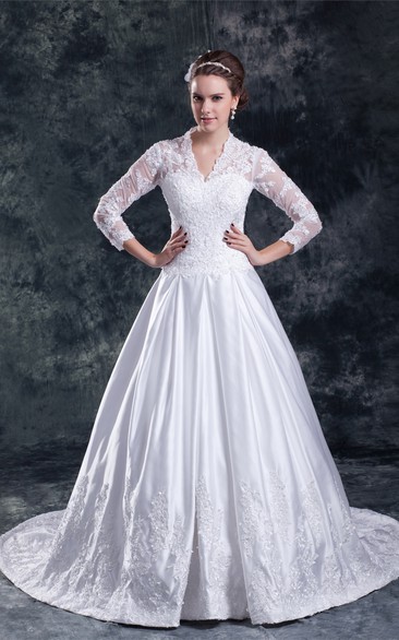 Fabulous Satin a Line Sleeve V Neck Embellished Wedding Dresses