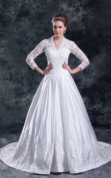 Fabulous Satin a Line Sleeve V Neck Embellished Wedding Dresses