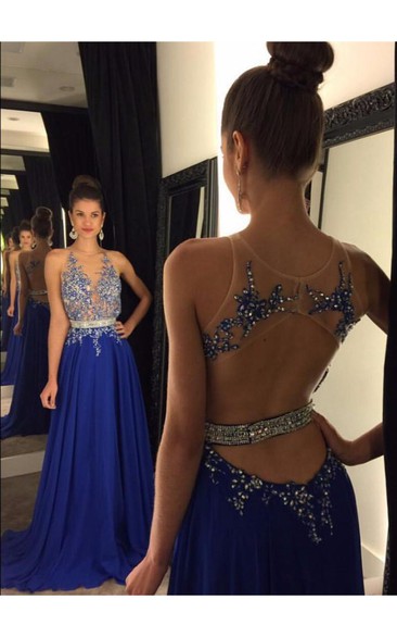 Glamorous Royal Blue Lace Appliques Prom Dress Beadings Chiffon A-line