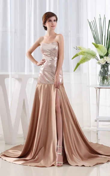 Strapless Sequined Long Dress With Front Slit and Court Train