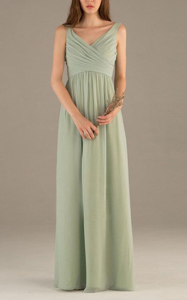 Sleeveless V Neck V Back Empire Pleated A-line Chiffon Long Dress