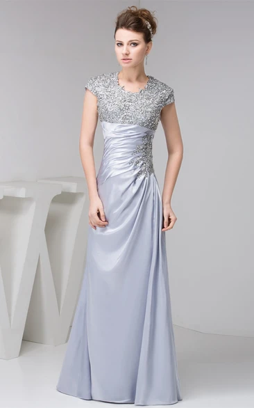 Caped-Sleeve Sheath Ruched Appliques and Dress With Jewels