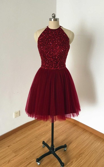 Burgundy Tulle Short Dress With Kayhole Back And Beading