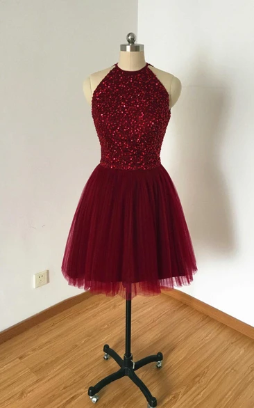 Burgundy Tulle Short Dress With Kayhole Back And Beading