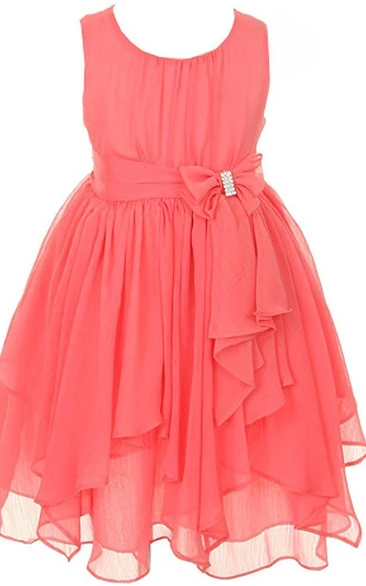Sleeveless A-line Chiffon Dress With Ruchings and Bow