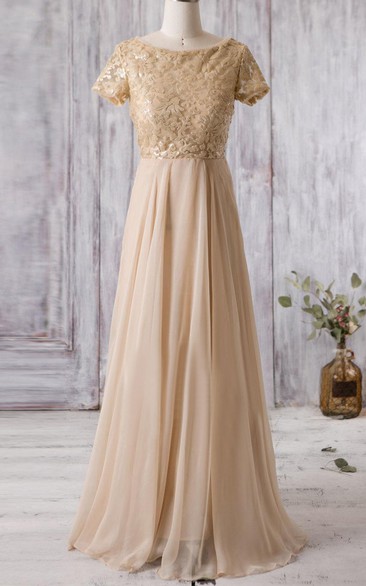 Bateau Neck A-line Pleated Chiffon Long Dress With Lace Bodice