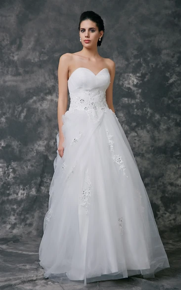 A-Line Sweetheart Strapless Tulle Dress With Beaded Lace Appliques
