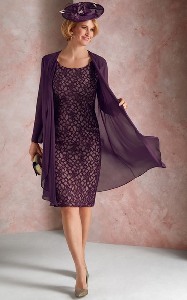 Modern Long Sleeve Knee-length Chiffon Pencil Mother of the Bride Dress with Bolero