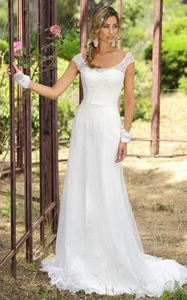 Sheath Cap-Sleeve Scoop-Neck Tulle Wedding Dress With Lace And Sweep Train