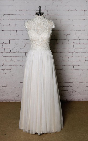 Cap Sleeve Lace and Tulle High Neck Dress With Keyhole Back