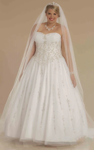 Ball Gown Sweetheart Ruched Tulle Plus Size Wedding Dress With Beading