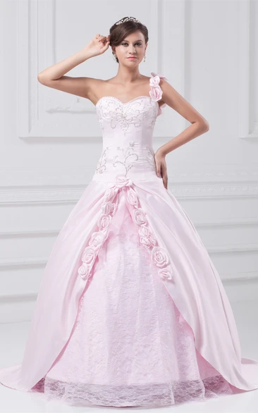 Single-Strap Embroidered Sweetheart Ball-Gown With Flower