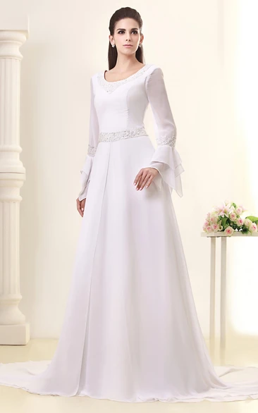 Gossamery Chiffon Maxi Dress With Illusion Sleeve and Jeweled Waist