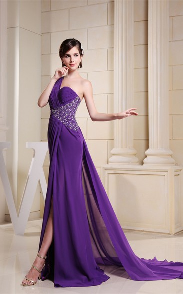 One-Shoulder Long Front-Split Side Beading and Dress With Ruching