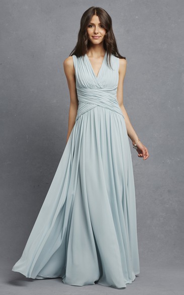 Sleeveless Chiffon V-Neck Dress With Crisscross Ruching