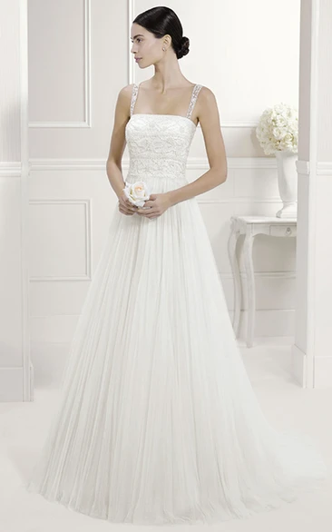 Illusion Lace Straps Square Neck A-Line Tulle Bridal Gown