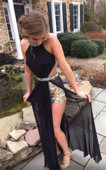 Sexy Halter Crystals Chiffon Black Prom Dress Sleeveless Floor-length