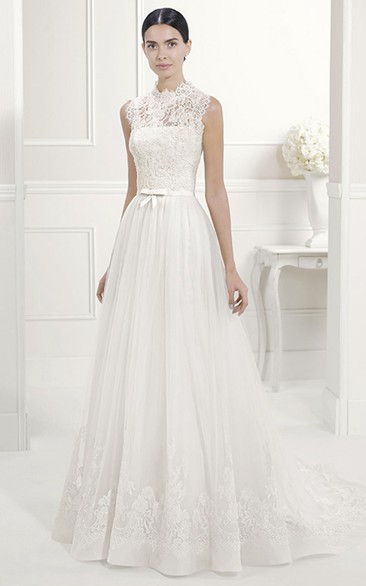 Lace High Neck A-Line Pleated Tulle Bridal Gown With Bow