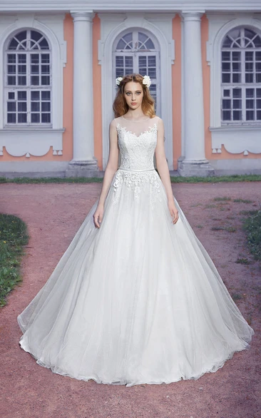 Ball Gown Floor-Length Scoop-Neck Sleeveless Keyhole Tulle Dress With Appliques