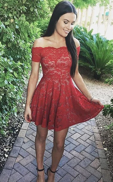 A-line Sleeveless Lace Off-the-shoulder Zipper Short Mini Homecoming Dress