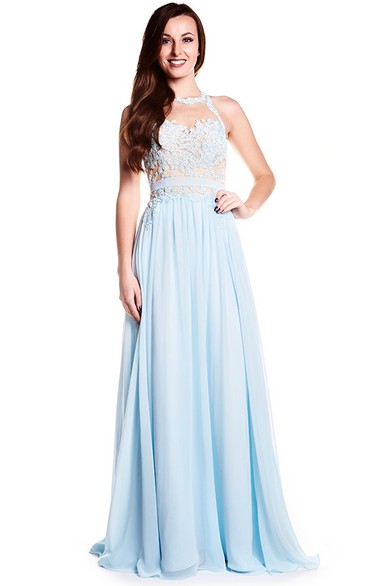 Floor-Length High Neck Sleeveless Appliqued Chiffon Prom Dress