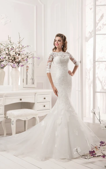 Half Sleeve Scalloped Neckline Lace Mermaid Dress