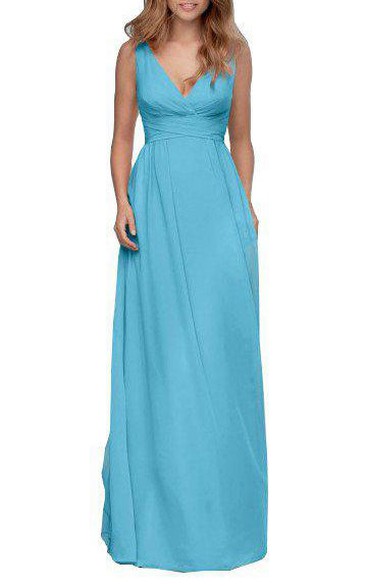 V-neck Ruched Low-v Back Long Bridesmaid Dress with Bow