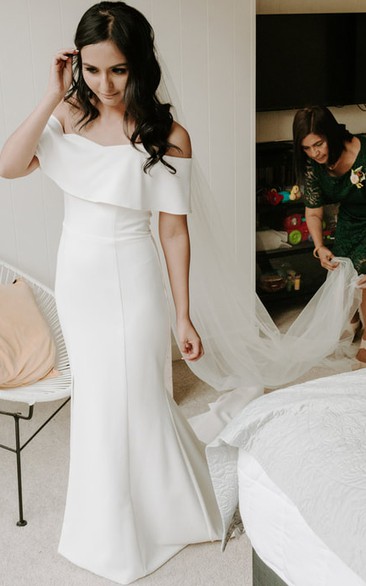 Simple Sheath Off-the-shoulder Floor-length Short Sleeve Satin Wedding Dress