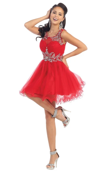 A-Line Short Square-Neck Sleeveless Tulle Keyhole Dress With Ruffles And Beading