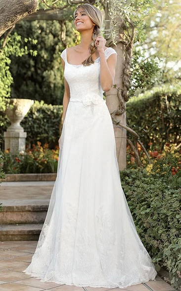 A-Line Cap-Sleeve Square-Neck Lace Wedding Dress