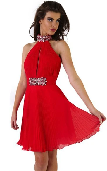 Sleeveless Short Mini High Neck Pleated Chiffon Prom Dress With Beading